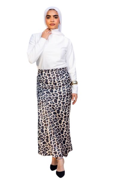 Leopard Satin Midi Skirt-S