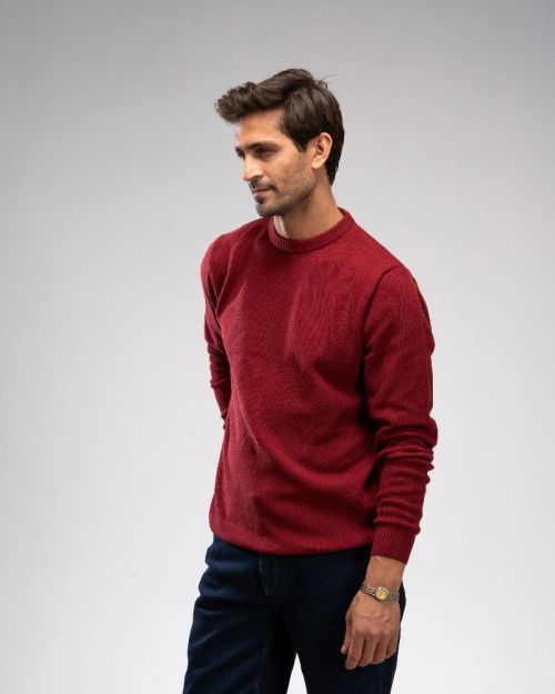 Pique Knit Crew Neck Sweater -Burgundy-M