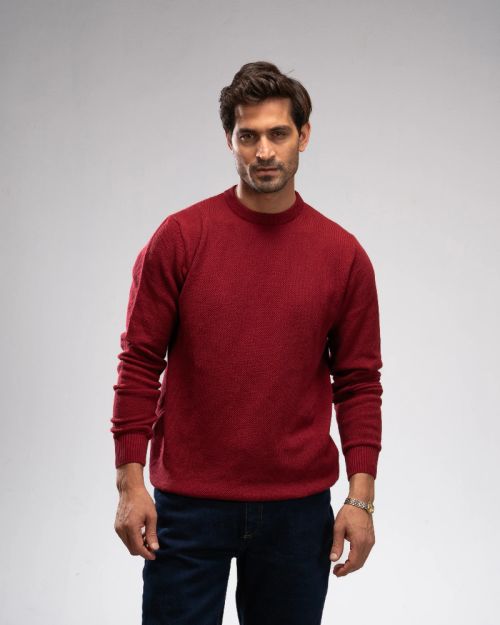 Pique Knit Crew Neck Sweater -Burgundy-M