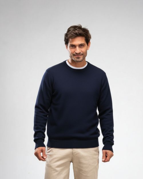 Pique Knit Crew Neck Sweater -Navy Blue-M