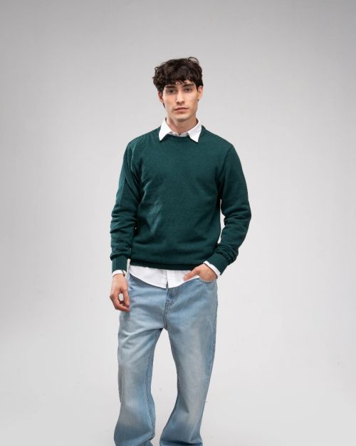 Pique Knit Crew Neck Sweater -Petrol-M