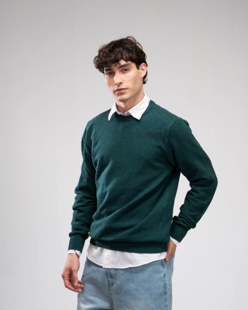 Pique Knit Crew Neck Sweater -Petrol-M