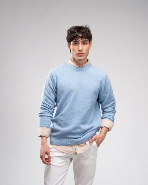 Pique Knit Crew Neck Sweater -baby blue-M