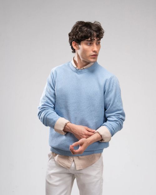 Pique Knit Crew Neck Sweater -baby blue-M