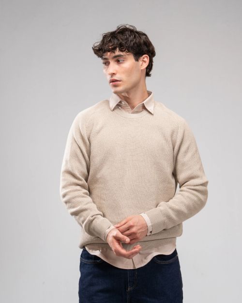 Pique Knit Crew Neck Sweater -Beige-M