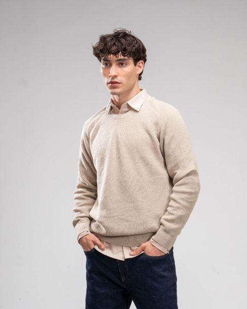 Pique Knit Crew Neck Sweater -Beige-M