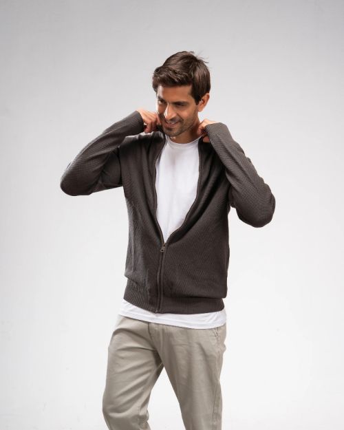 Pique Knit Full-Zip Sweater-M-Khaki