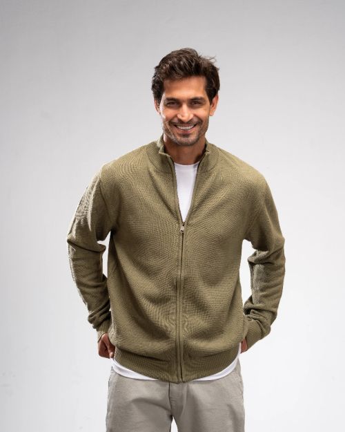 Pique Knit Full-Zip Sweater-M-Olive
