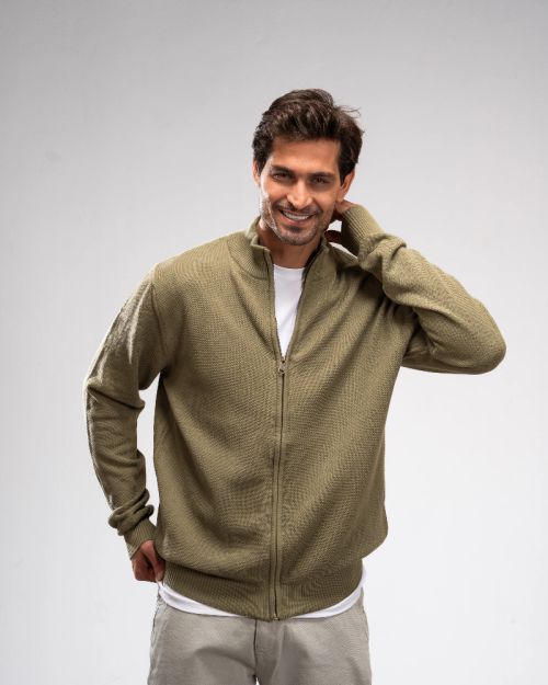 Pique Knit Full-Zip Sweater-M-Olive