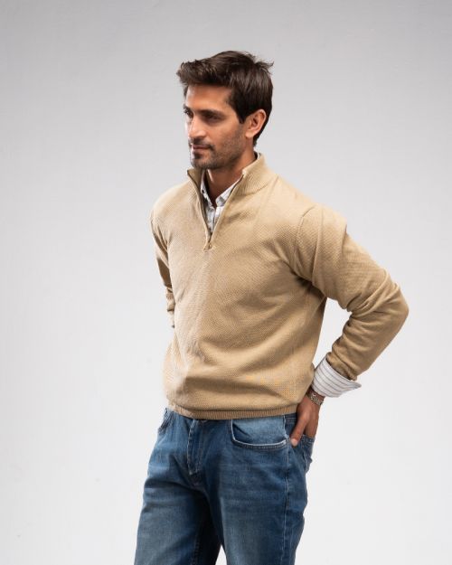 Pique Knit Quarter-Zip Sweater-M-Beige
