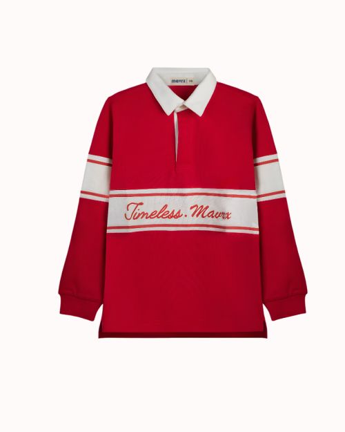 Long-Sleeve Polo Shirt with White Chest Print-Red-4 yrs