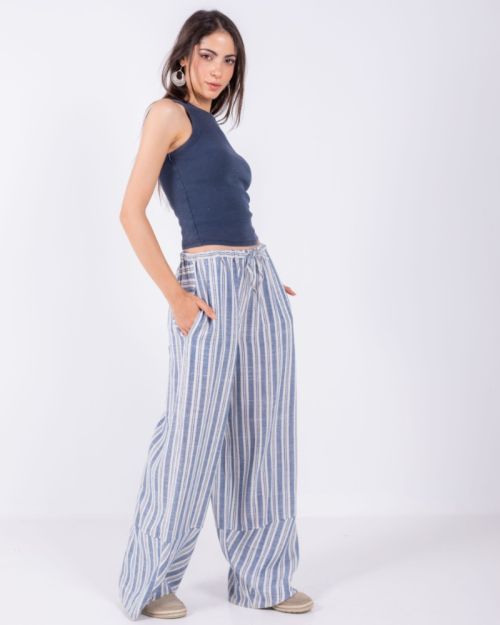 Blue Striped Wide Leg Pants, 100% Linen