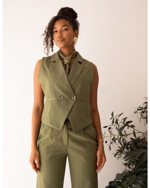 Olive Glamour Double Breasted Cropped Vest-S