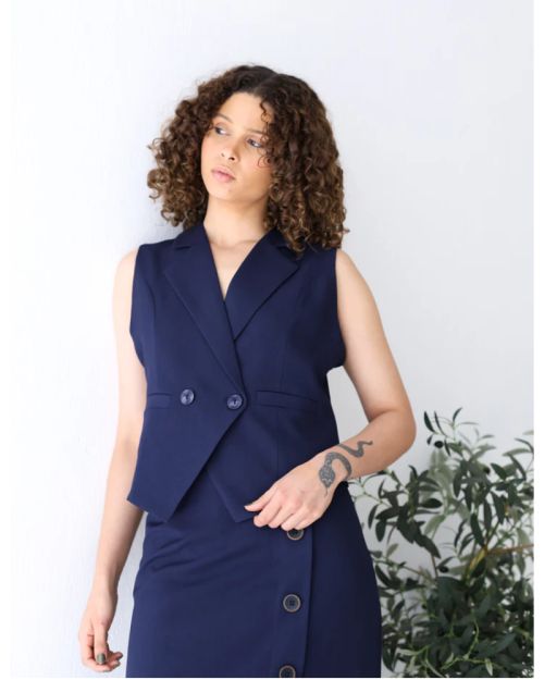 Navy Shadow Double Breasted Cropped Vest