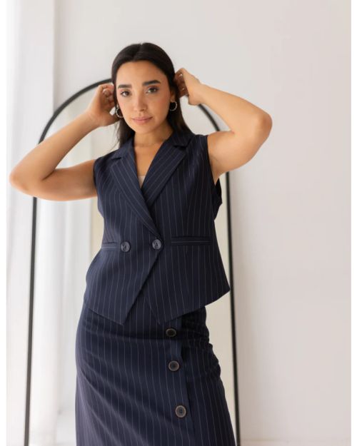 Striped Navy Double Breasted Cropped Vest
