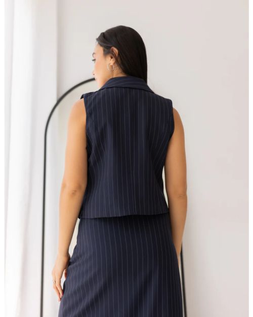 Striped Navy Double Breasted Cropped Vest-S
