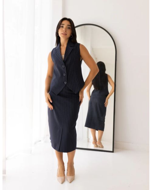 Striped Navy Blue Midi Skirt