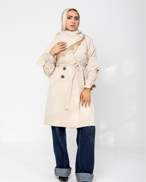 The Lace Scarf Trench Coat in Beige