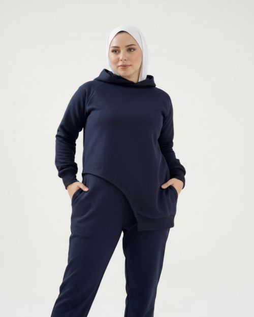One side Hoodie/Pants Milton Fabric Set-Navy-S