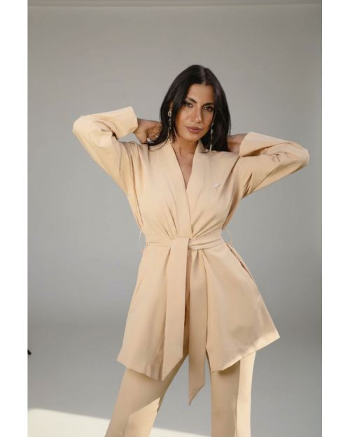 Beige Longline Belted Blazer-Beige-S