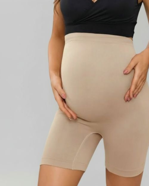 Seamless High-Waist Maternity Biker Shorts | Over-the-Bump Pregnancy Support Shapewear Shorts-Beige-L