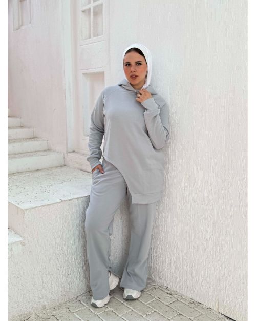 One side Hoodie/Pants Milton Fabric Set-Gray-S