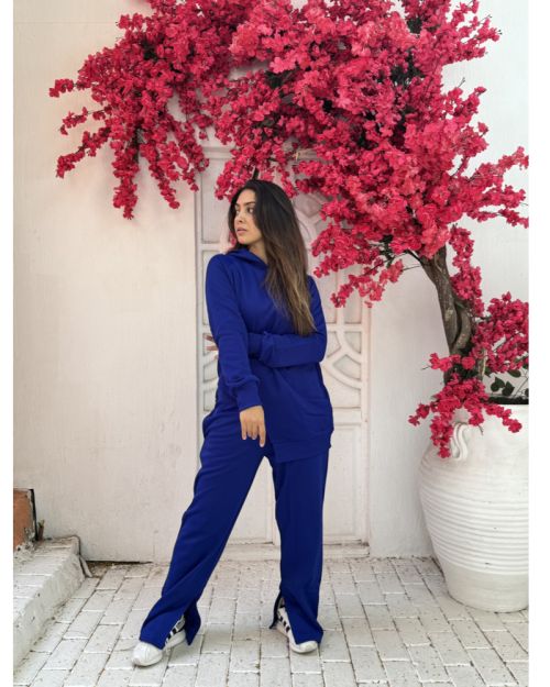 One side Hoodie/Pants Milton Fabric Set-Blue-S