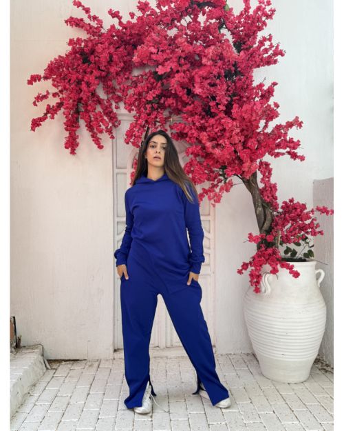 One side Hoodie/Pants Milton Fabric Set-Blue-S