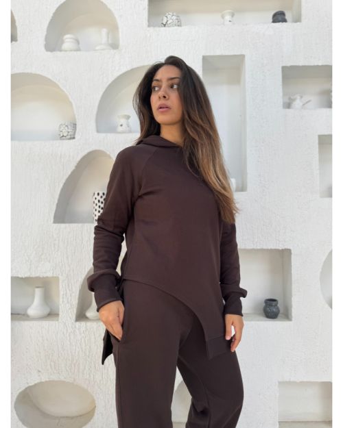 One side Hoodie/Pants Milton Fabric Set-Brown-S