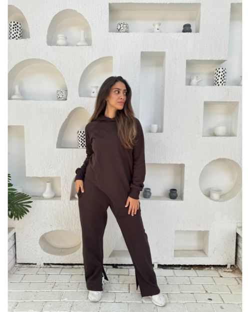 One side Hoodie/Pants Milton Fabric Set-Brown-S
