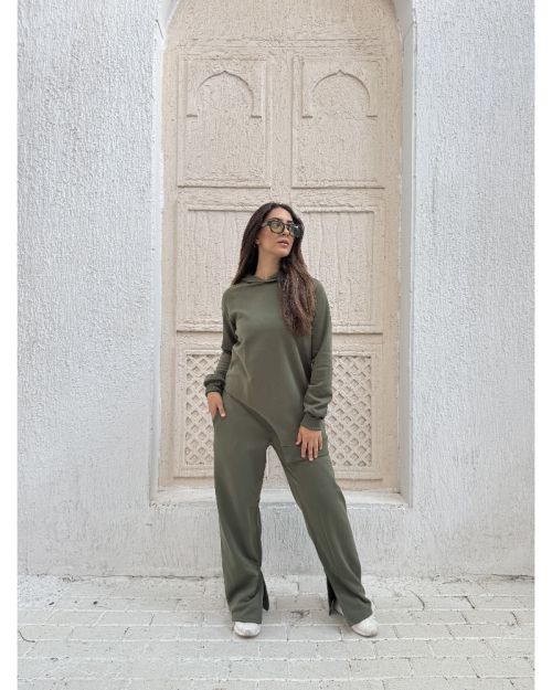 One side Hoodie/Pants Milton Fabric Set-Olive-S
