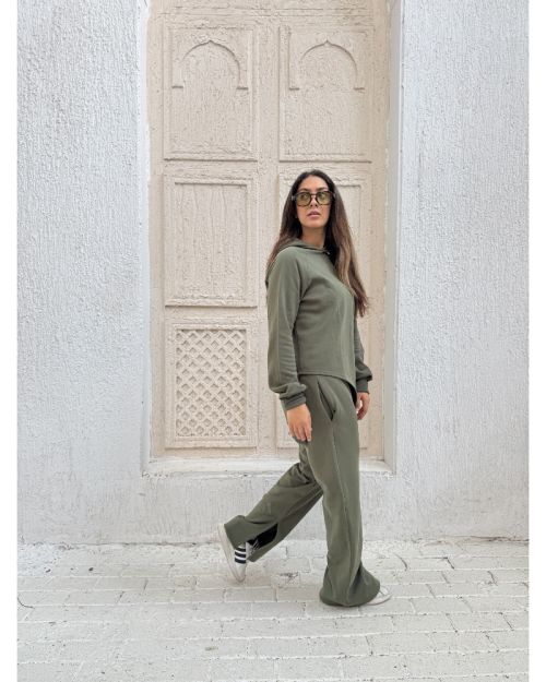 One side Hoodie/Pants Milton Fabric Set-Olive-S