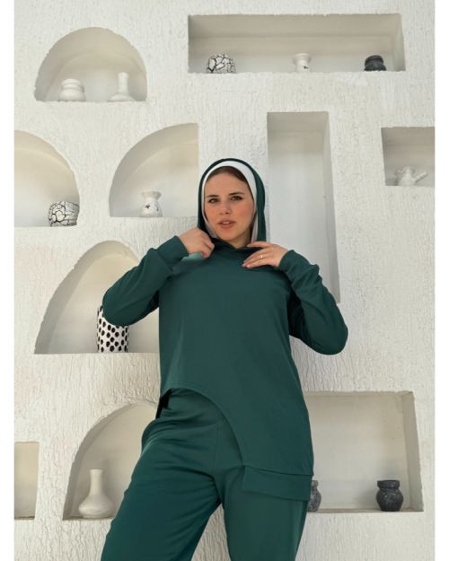 One side Hoodie/Pants Milton Fabric Set-Green-S