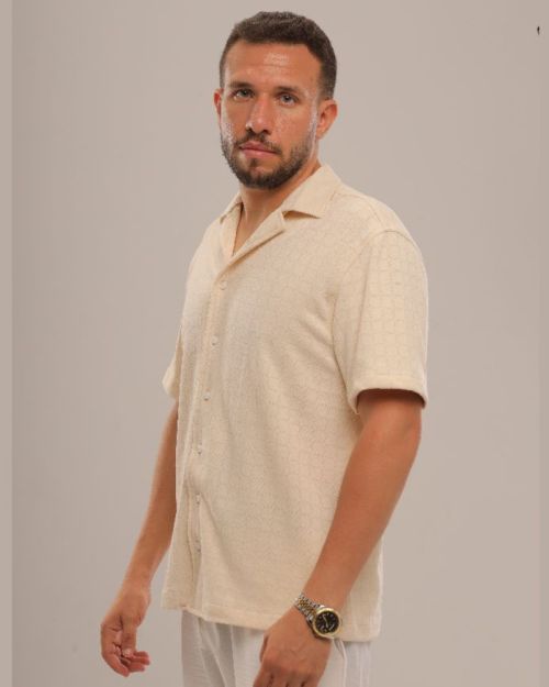 Linen Cuban Collar Shirt-Beige-L