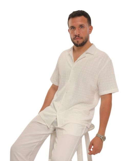 Linen Cuban Collar Shirt-White-L
