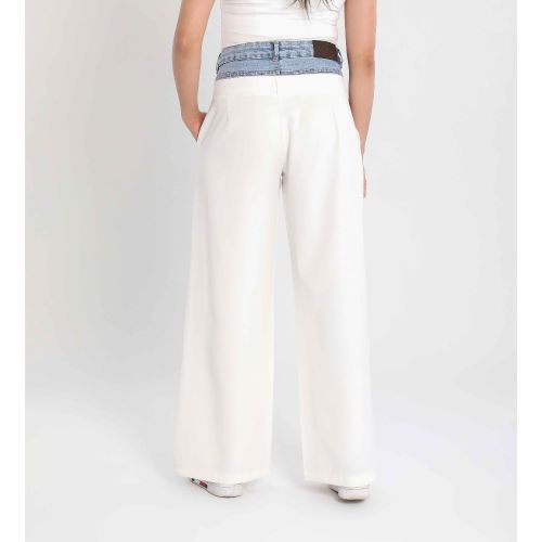 Women’s Wide-Leg Street Style Pants with Denim Waistband-White-S