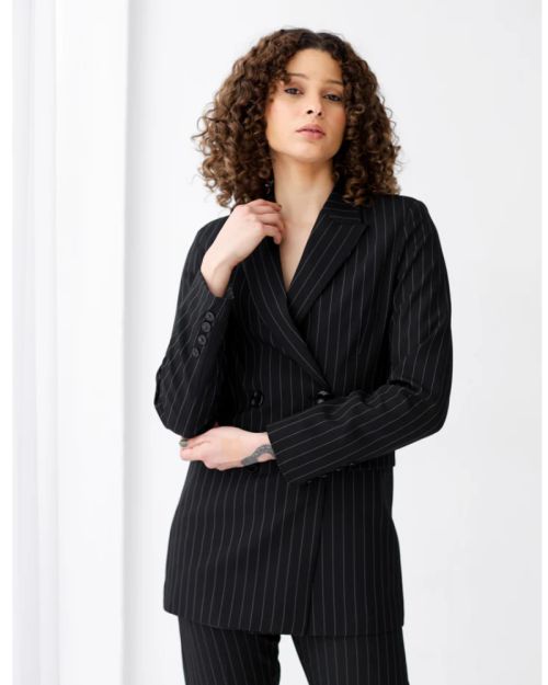 Striped Black Double Breasted Long Blazer-S