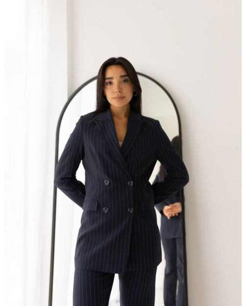Striped Navy Double Breasted Long Blazer-S