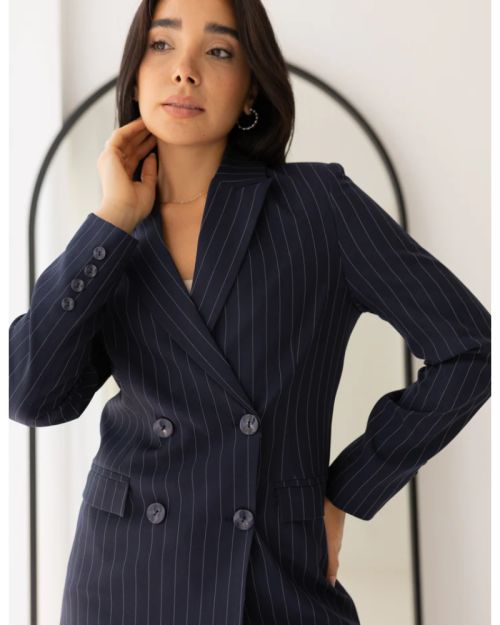 Striped Navy Double Breasted Long Blazer