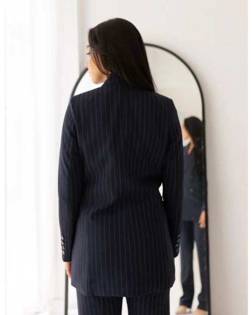 Striped Navy Double Breasted Long Blazer-S