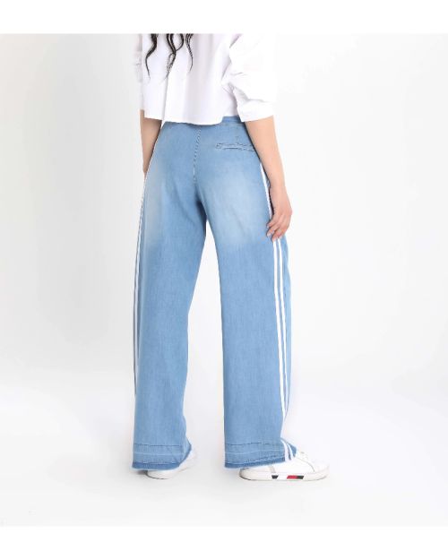 Women’s Streetwear Striped Wide-Leg Denim Pants-Light Blue-S