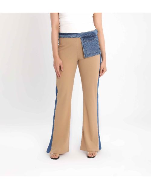 Women&rsquo;s Flared Style Stitch Pants with Denim Belt Detail