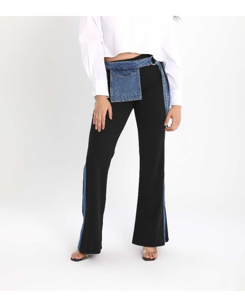 Women’s Flared Style Stitch Pants with Denim Belt Detail-Black-S