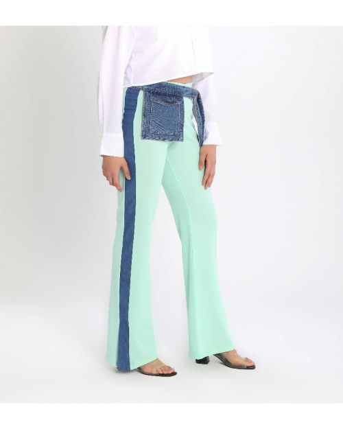 Women’s Flared Style Stitch Pants with Denim Belt Detail-Mint-S