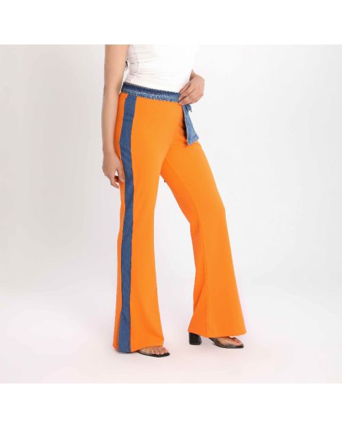 Women’s Flared Style Stitch Pants with Denim Belt Detail-Orange-S