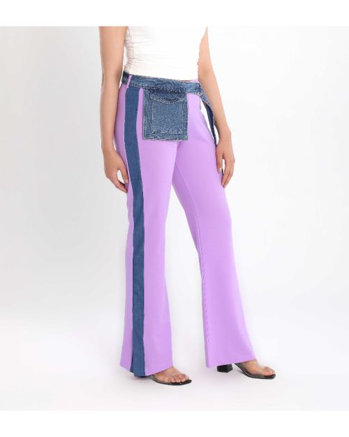 Women’s Flared Style Stitch Pants with Denim Belt Detail-Purple-S