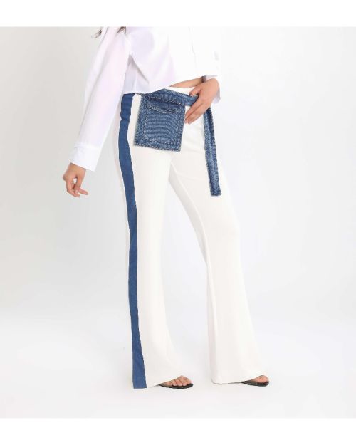 Women’s Flared Style Stitch Pants with Denim Belt Detail-White-S