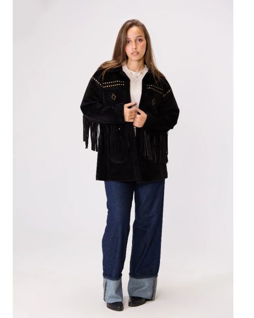 Suede-Cut Fringe Jacket-Black-M