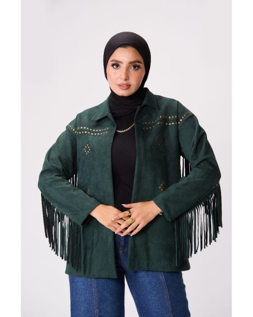 Suede-Cut Fringe Jacket-Olive-L