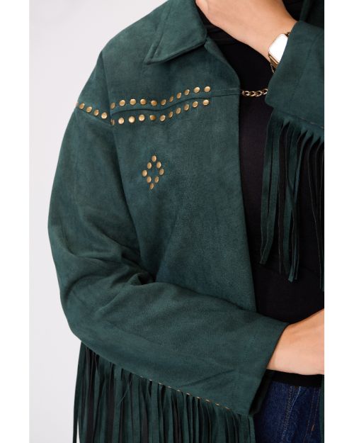 Suede-Cut Fringe Jacket-Olive-L